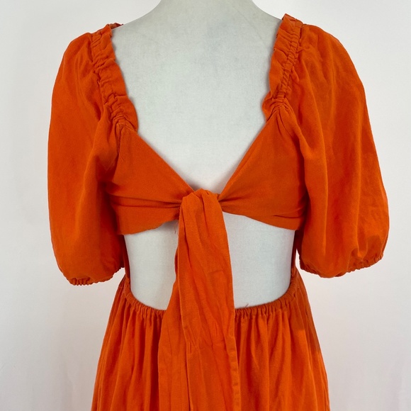 Who What Wear Open Back Tie Puff Sleeve Linen Blend Midi Dress Orange Size XS - Picture 12 of 16